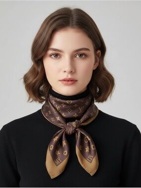 Designer Inspired Brown Gold Monogram Silky Scarf / Hair Tie Twilly